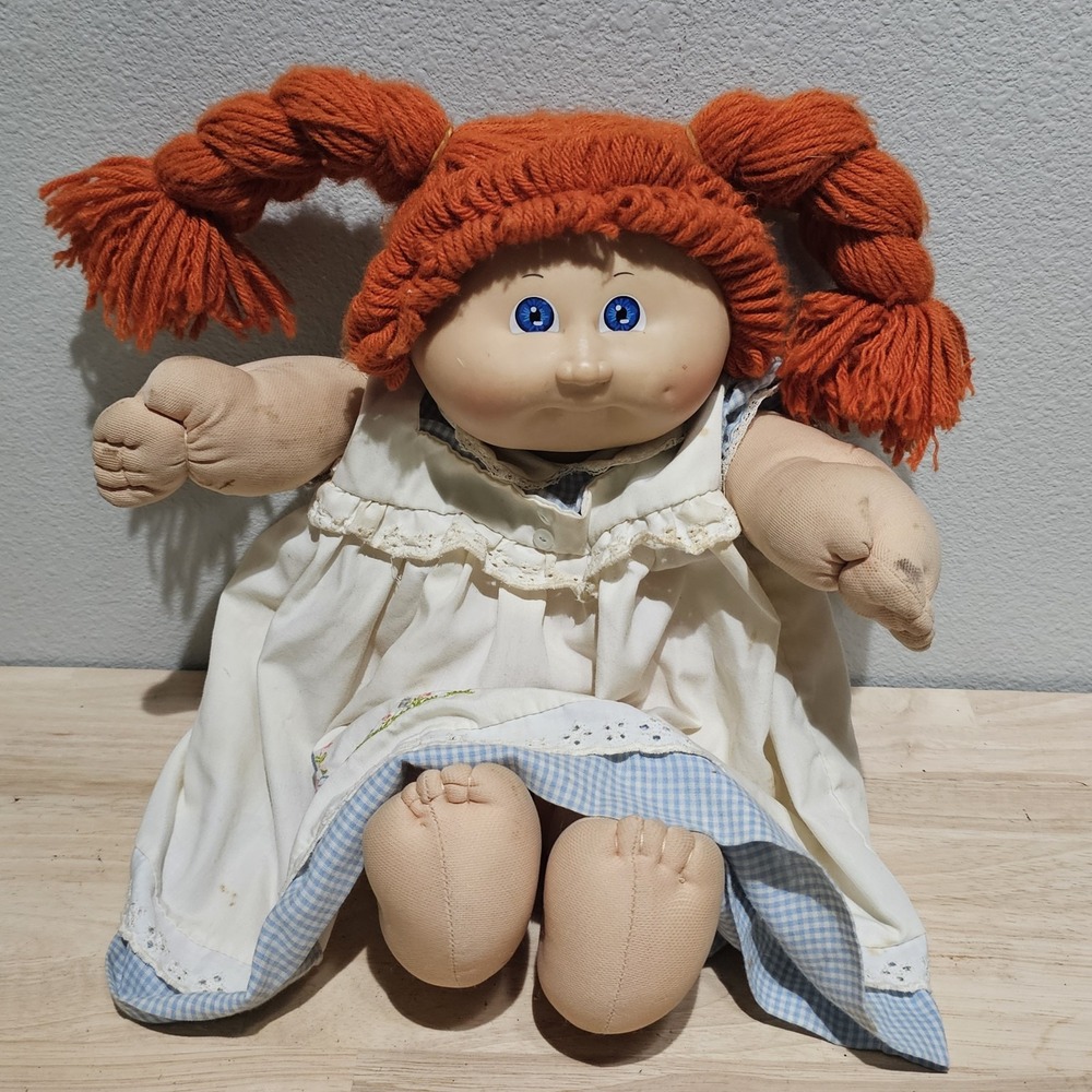 Vintage 80s Cabbage Patch Doll White Dress Orange Red Hair Blue Eyes #53
